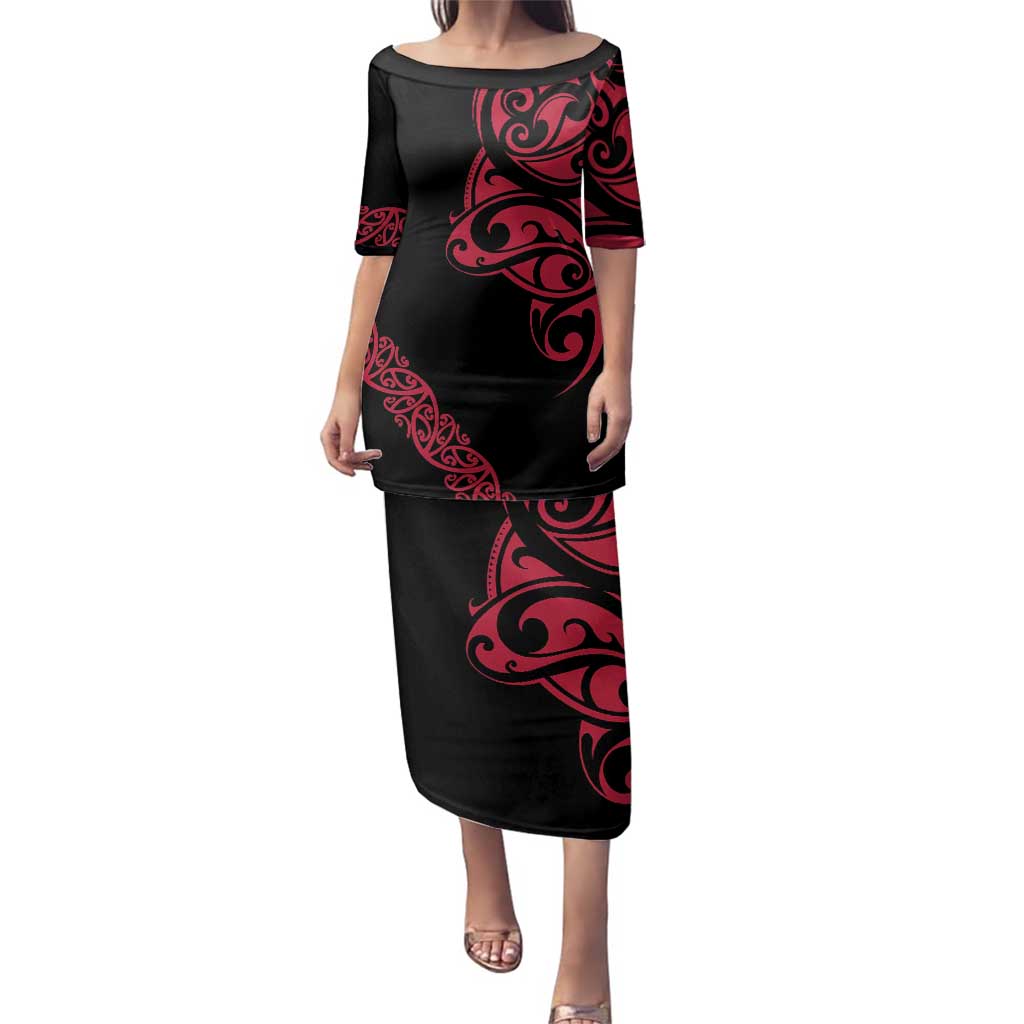 All Black Maori Tribal Tattoo Personalised Family Matching Puletasi and Hawaiian Shirt Classic Red Polynesian Style - Polynesian Pride