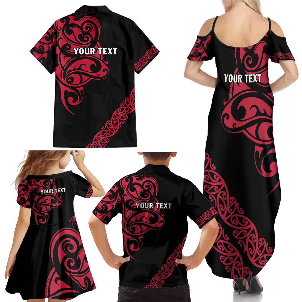 All Black Maori Tribal Tattoo Personalised Family Matching Summer Maxi Dress and Hawaiian Shirt Classic Red Polynesian Style - Polynesian Pride