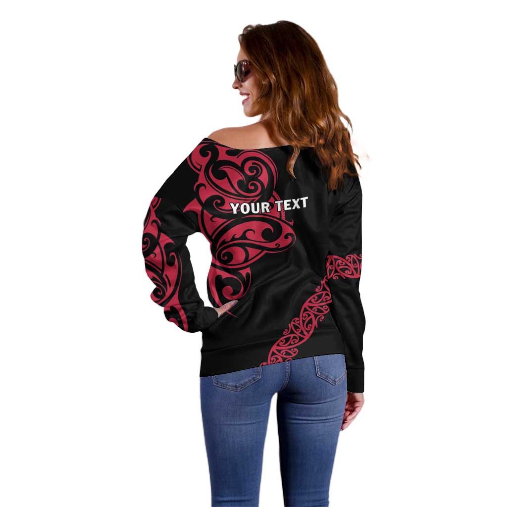 All Black Maori Tribal Tattoo Personalised Off Shoulder Sweater Classic Red Polynesian Style - Polynesian Pride