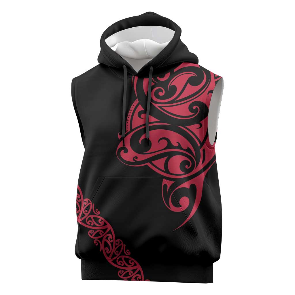 All Black Maori Tribal Tattoo Personalised Sleeveless Hoodie Classic Red Polynesian Style - Polynesian Pride
