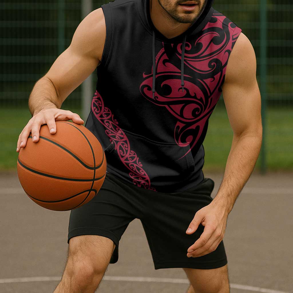 All Black Maori Tribal Tattoo Personalised Sleeveless Hoodie Classic Red Polynesian Style - Polynesian Pride