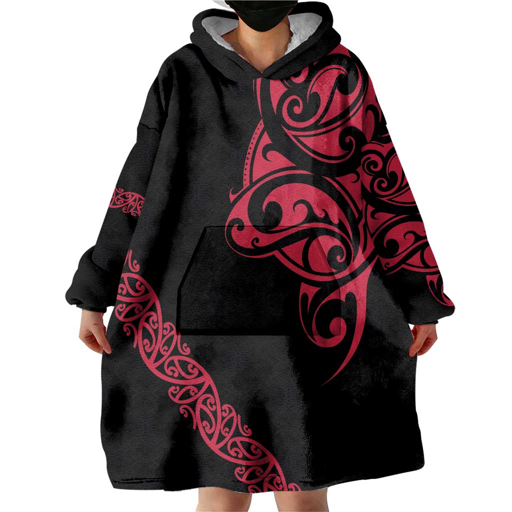 All Black Maori Tribal Tattoo Personalised Wearable Blanket Hoodie Classic Red Polynesian Style - Polynesian Pride