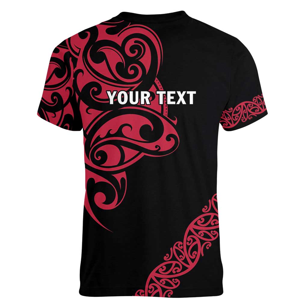 All Black Maori Tribal Tattoo Personalised Women V-Neck T-Shirt Classic Red Polynesian Style - Polynesian Pride