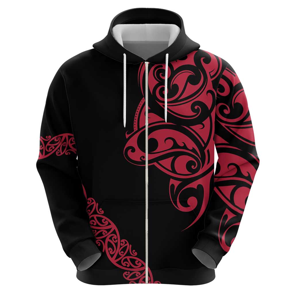 All Black Maori Tribal Tattoo Personalised Zip Hoodie Classic Red Polynesian Style - Polynesian Pride