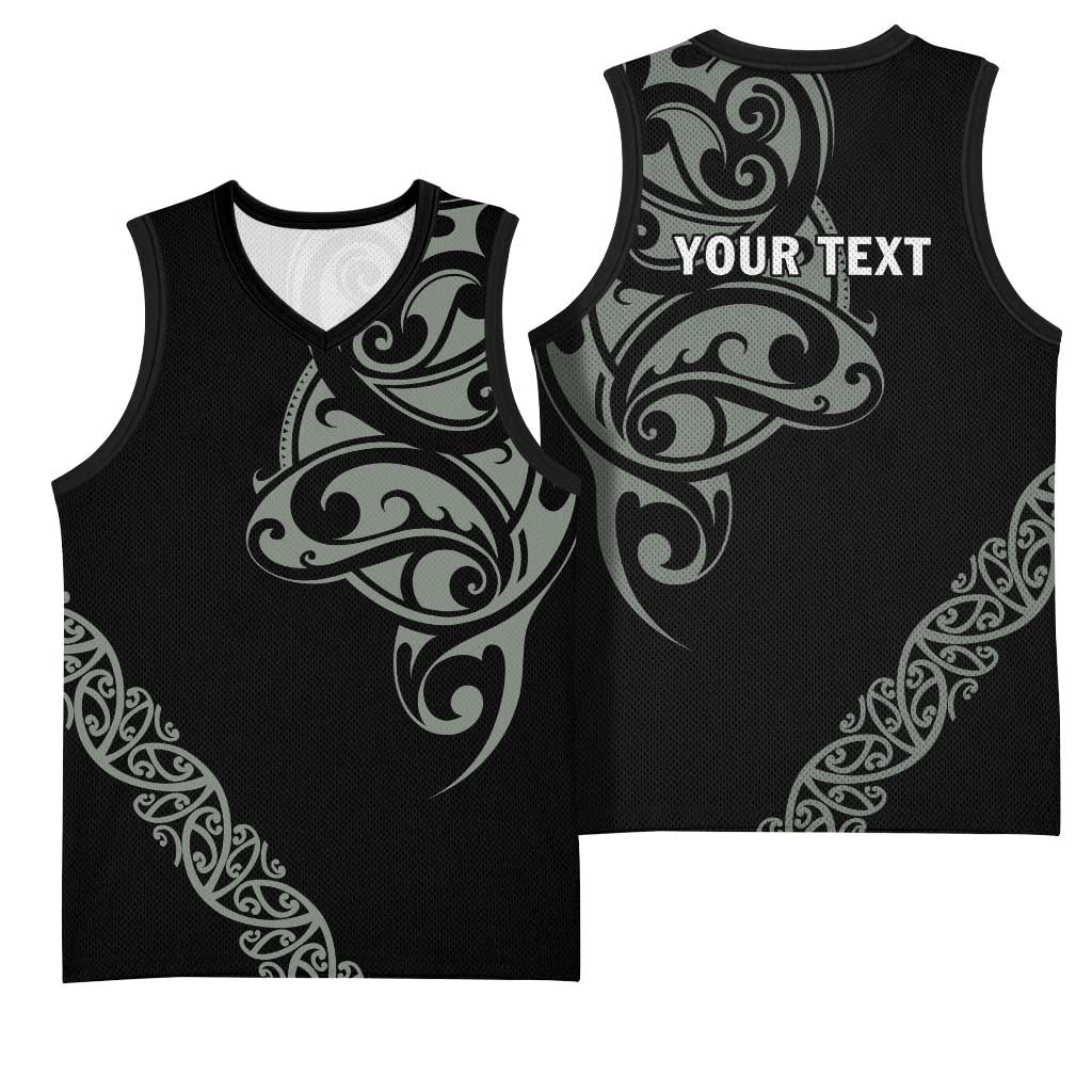 All Black Maori Tribal Tattoo Personalised Basketball Jersey Moss Green Polynesian Style - Polynesian Pride