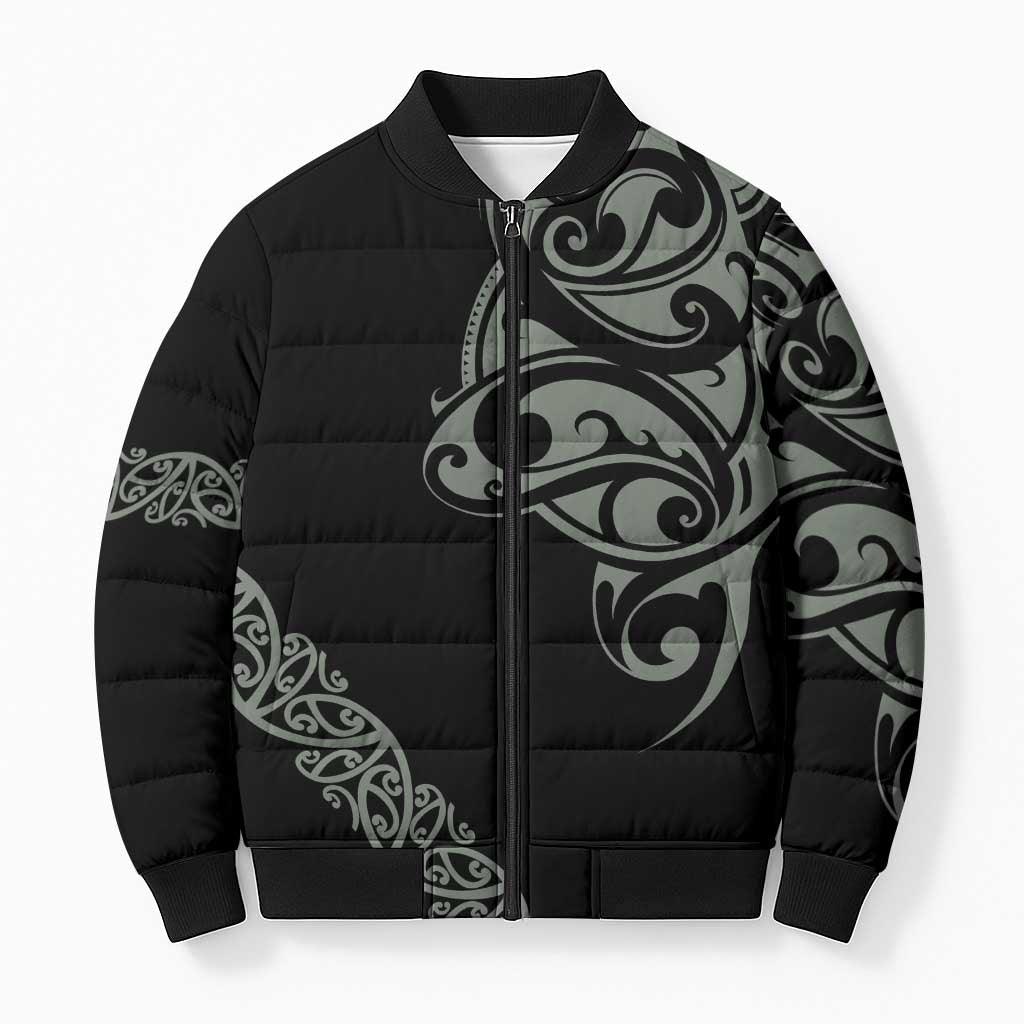 All Black Maori Tribal Tattoo Personalised Bomber Puffer Jacket Moss Green Polynesian Style - Polynesian Pride