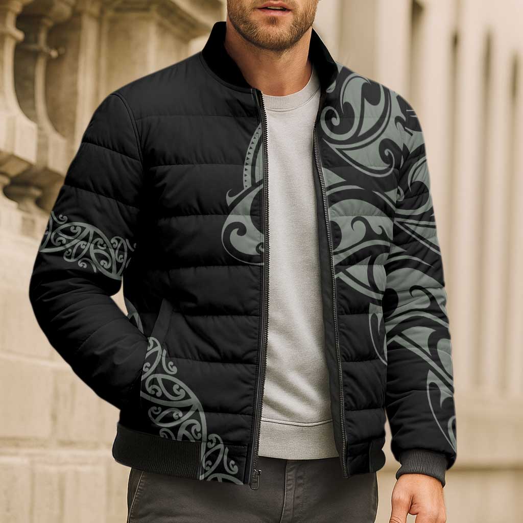 All Black Maori Tribal Tattoo Personalised Bomber Puffer Jacket Moss Green Polynesian Style - Polynesian Pride