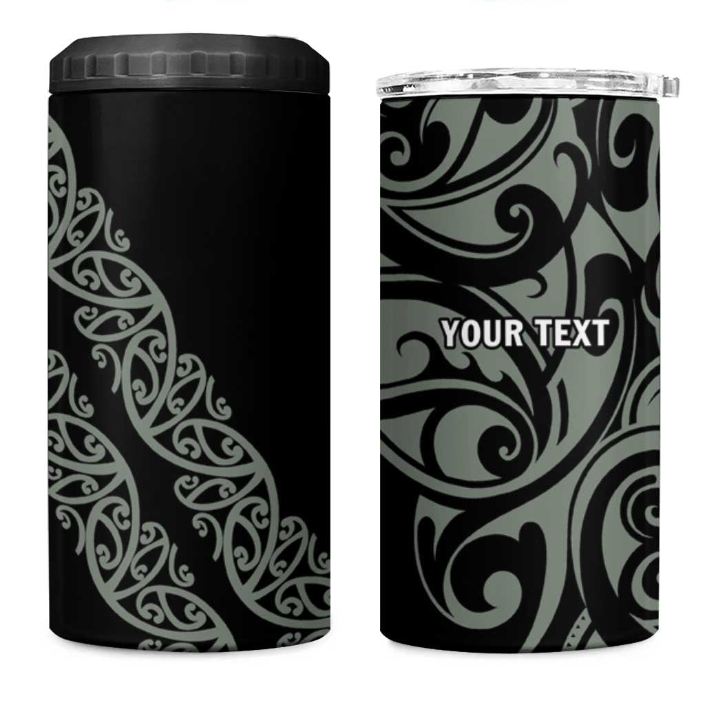 All Black Maori Tribal Tattoo Personalised 4 in 1 Can Cooler Tumbler Moss Green Polynesian Style - Polynesian Pride