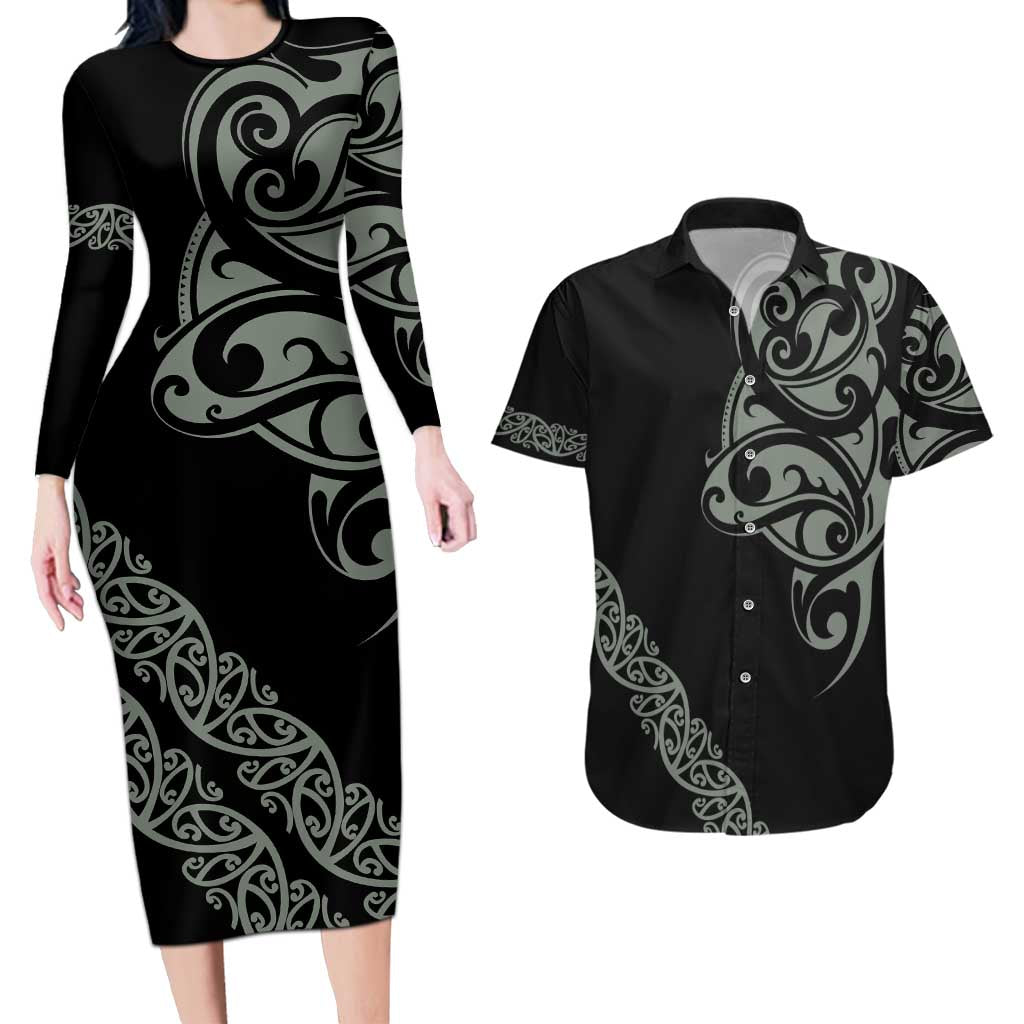 All Black Maori Tribal Tattoo Personalised Couples Matching Long Sleeve Bodycon Dress and Hawaiian Shirt Moss Green Polynesian Style - Polynesian Pride