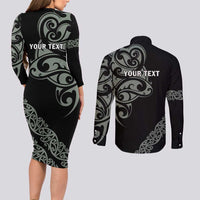 All Black Maori Tribal Tattoo Personalised Couples Matching Long Sleeve Bodycon Dress and Long Sleeve Button Shirt Moss Green Polynesian Style - Polynesian Pride