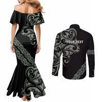 All Black Maori Tribal Tattoo Personalised Couples Matching Mermaid Dress and Long Sleeve Button Shirt Moss Green Polynesian Style - Polynesian Pride