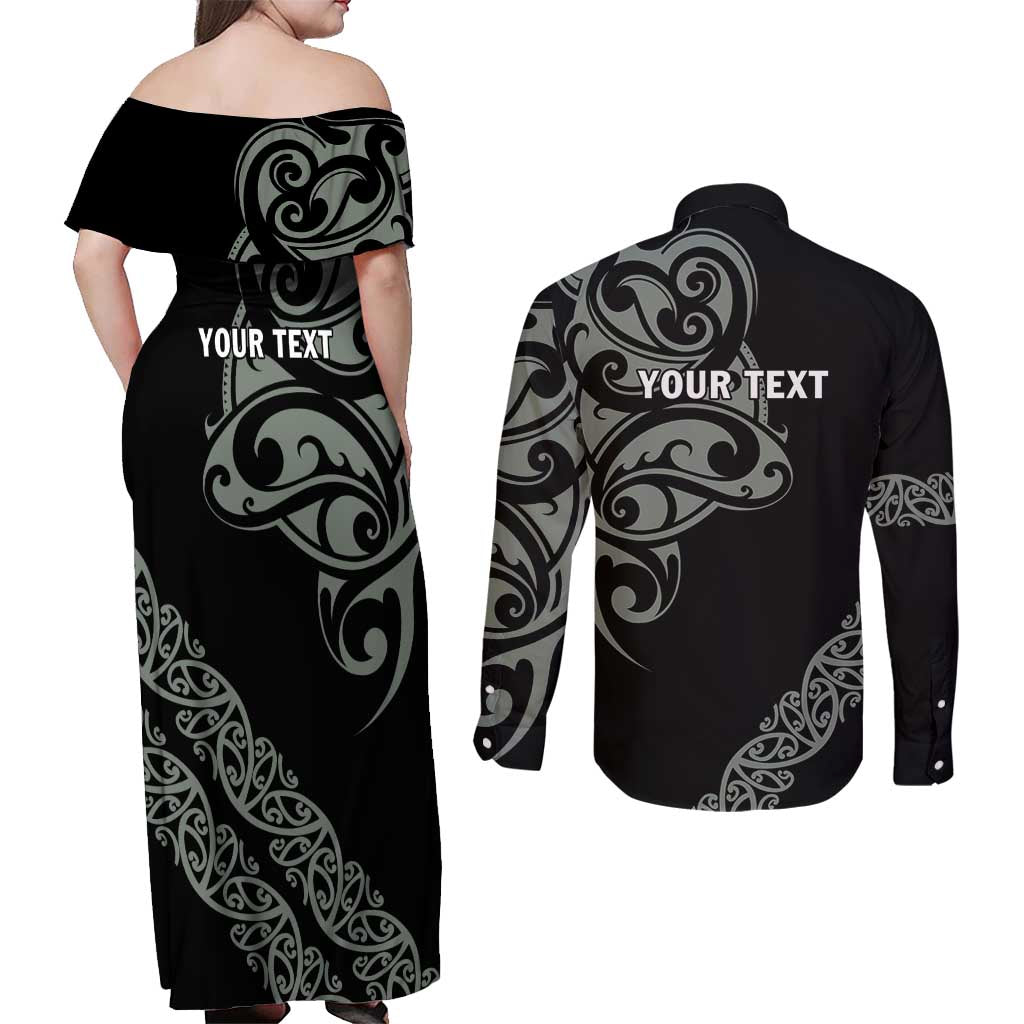 All Black Maori Tribal Tattoo Personalised Couples Matching Off Shoulder Maxi Dress and Long Sleeve Button Shirt Moss Green Polynesian Style - Polynesian Pride