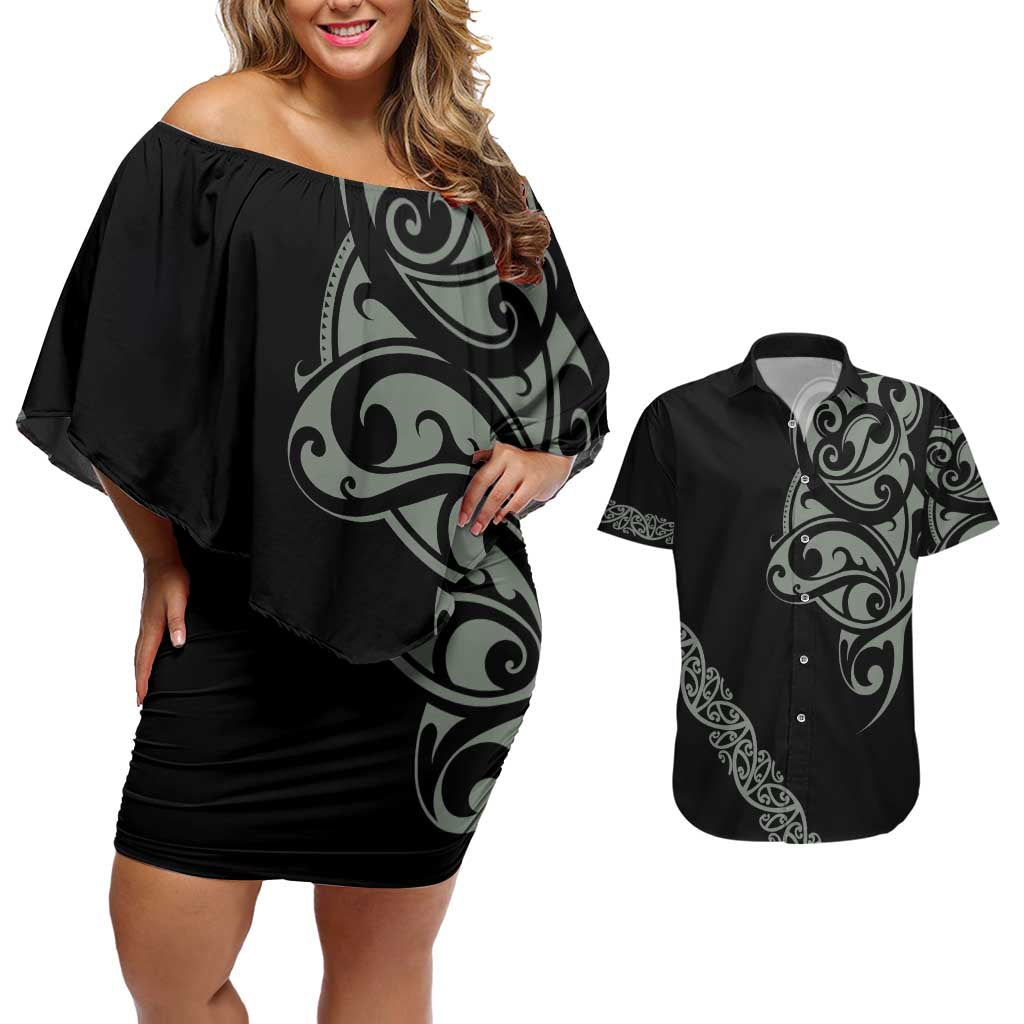 All Black Maori Tribal Tattoo Personalised Couples Matching Off Shoulder Short Dress and Hawaiian Shirt Moss Green Polynesian Style - Polynesian Pride