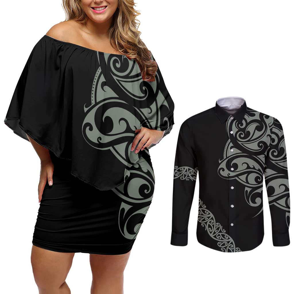All Black Maori Tribal Tattoo Personalised Couples Matching Off Shoulder Short Dress and Long Sleeve Button Shirt Moss Green Polynesian Style - Polynesian Pride