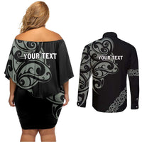 All Black Maori Tribal Tattoo Personalised Couples Matching Off Shoulder Short Dress and Long Sleeve Button Shirt Moss Green Polynesian Style - Polynesian Pride