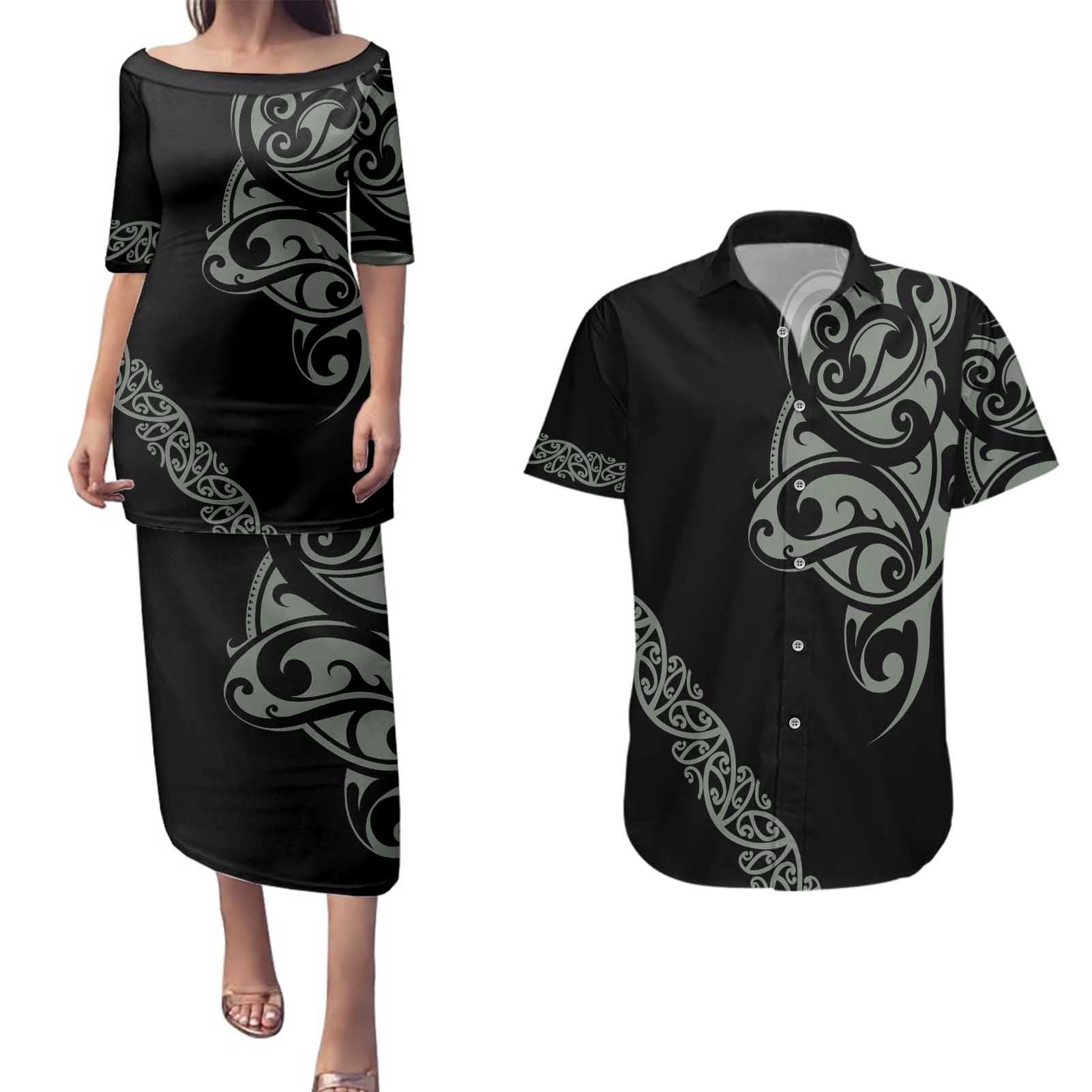All Black Maori Tribal Tattoo Personalised Couples Matching Puletasi and Hawaiian Shirt Moss Green Polynesian Style - Polynesian Pride