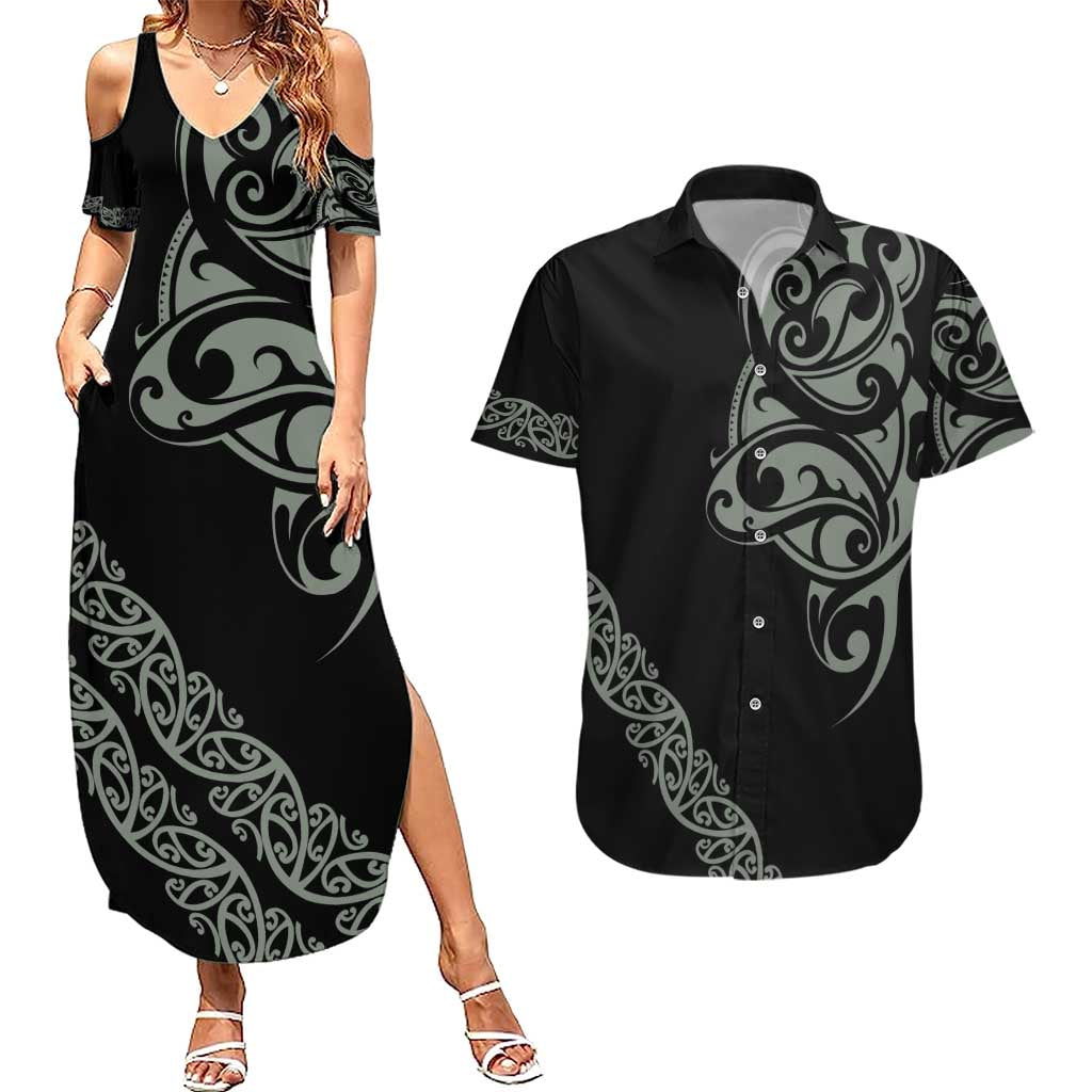 All Black Maori Tribal Tattoo Personalised Couples Matching Summer Maxi Dress and Hawaiian Shirt Moss Green Polynesian Style - Polynesian Pride