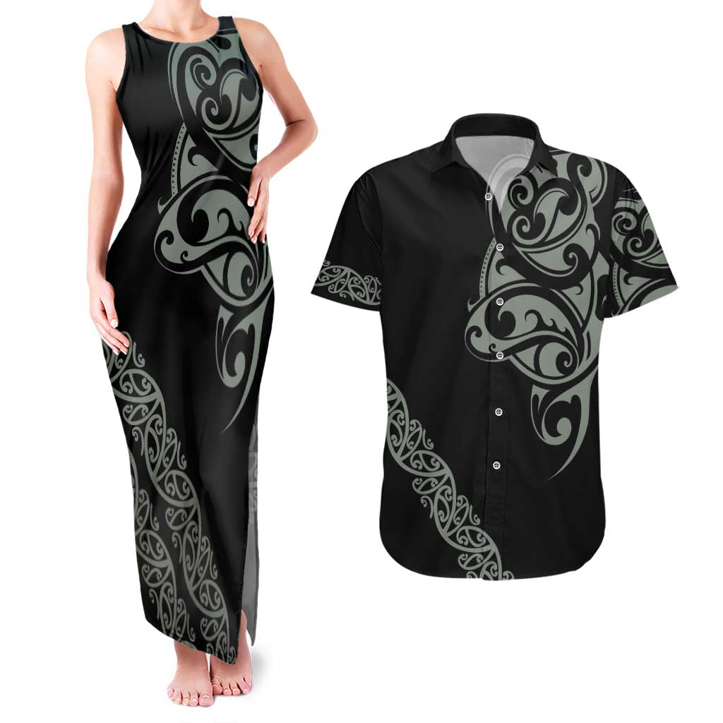 All Black Maori Tribal Tattoo Personalised Couples Matching Tank Maxi Dress and Hawaiian Shirt Moss Green Polynesian Style - Polynesian Pride