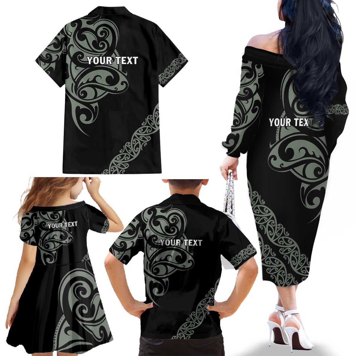 All Black Maori Tribal Tattoo Personalised Family Matching Off The Shoulder Long Sleeve Dress and Hawaiian Shirt Moss Green Polynesian Style - Polynesian Pride