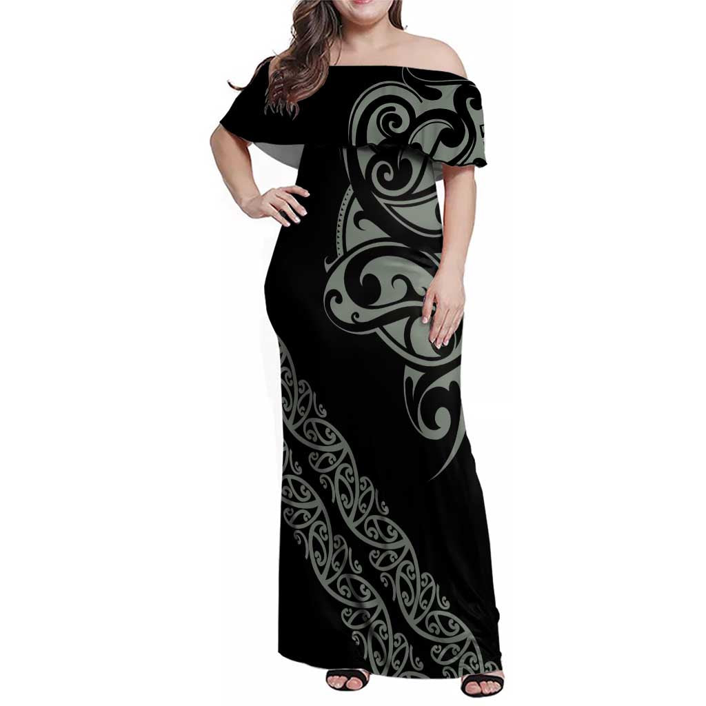 All Black Maori Tribal Tattoo Personalised Family Matching Off Shoulder Maxi Dress and Hawaiian Shirt Moss Green Polynesian Style - Polynesian Pride