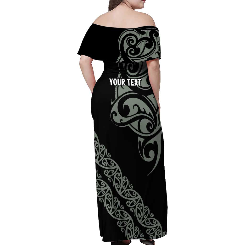 All Black Maori Tribal Tattoo Personalised Family Matching Off Shoulder Maxi Dress and Hawaiian Shirt Moss Green Polynesian Style - Polynesian Pride