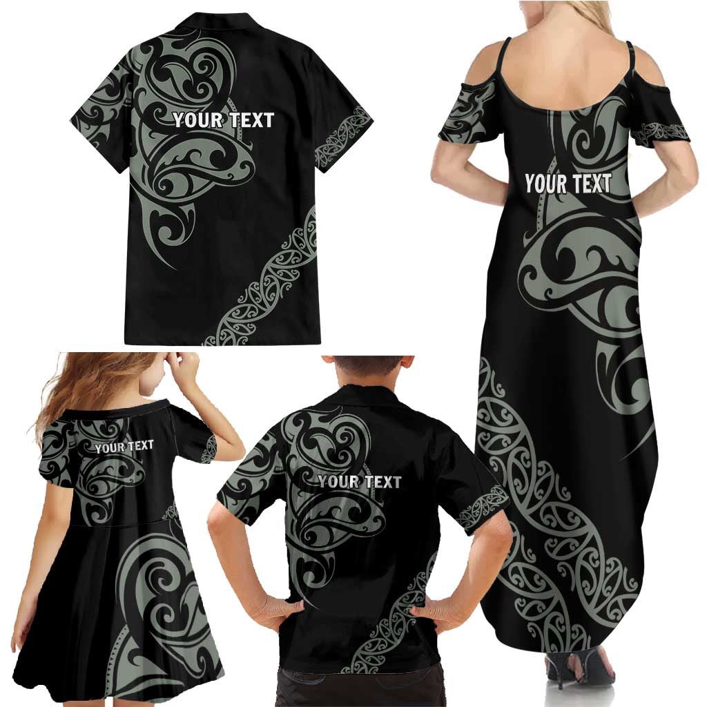 All Black Maori Tribal Tattoo Personalised Family Matching Summer Maxi Dress and Hawaiian Shirt Moss Green Polynesian Style - Polynesian Pride