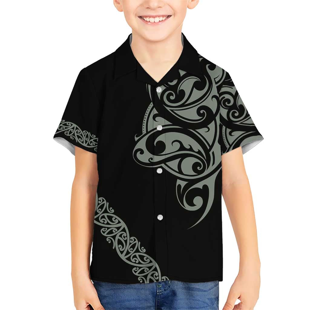 All Black Maori Tribal Tattoo Personalised Kid Hawaiian Shirt Moss Green Polynesian Style - Polynesian Pride