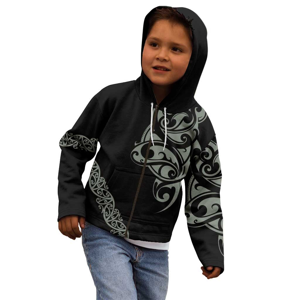 All Black Maori Tribal Tattoo Personalised Kid Hoodie Moss Green Polynesian Style - Polynesian Pride