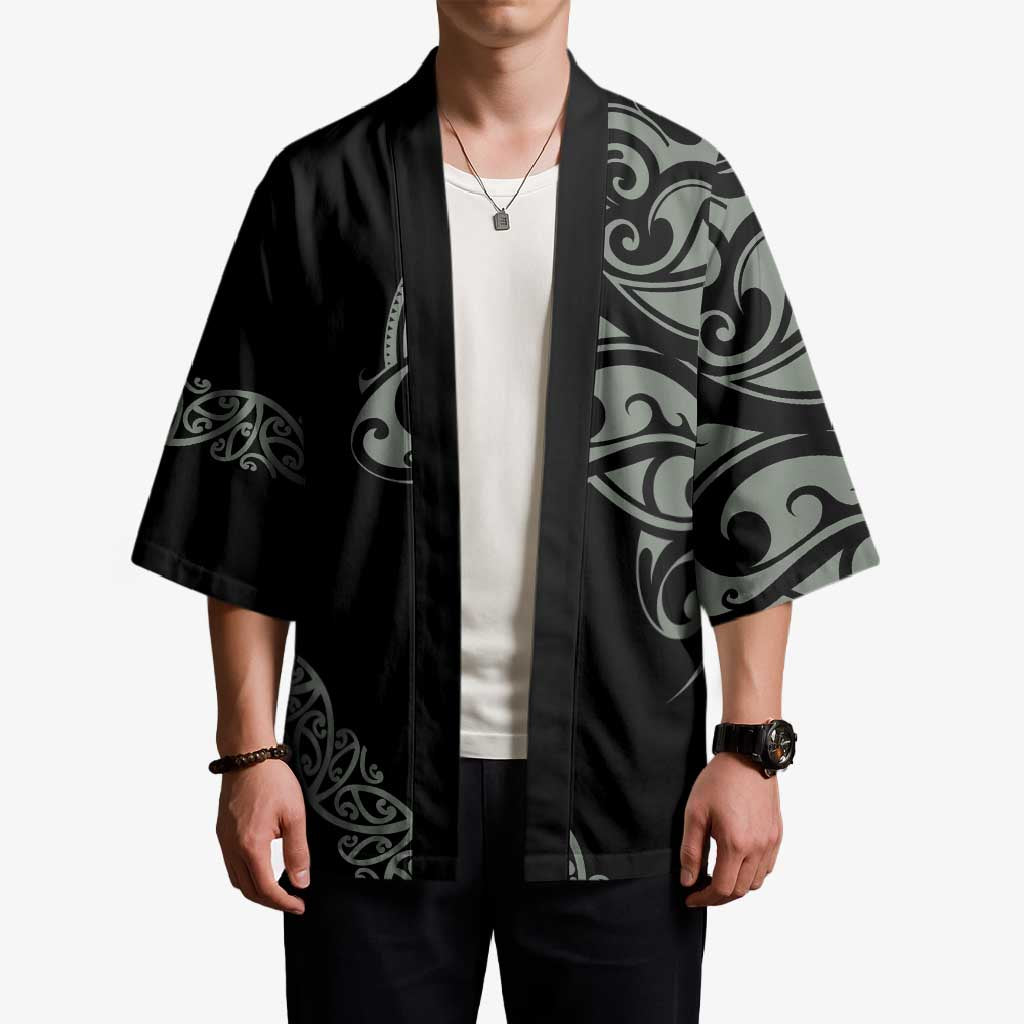 All Black Maori Tribal Tattoo Personalised Kimono Moss Green Polynesian Style - Polynesian Pride