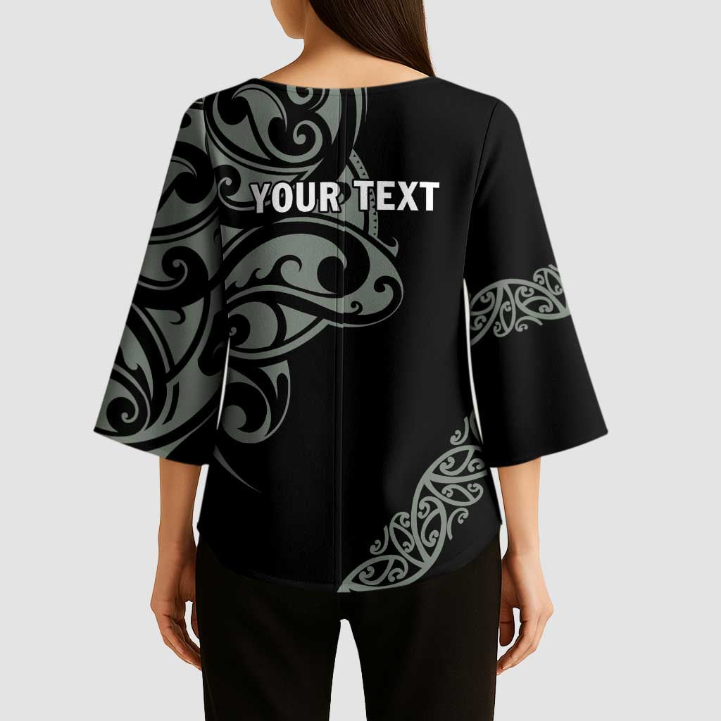 All Black Maori Tribal Tattoo Personalised Kimono Sleeve Blouse Moss Green Polynesian Style - Polynesian Pride