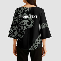 All Black Maori Tribal Tattoo Personalised Kimono Sleeve Blouse Moss Green Polynesian Style - Polynesian Pride
