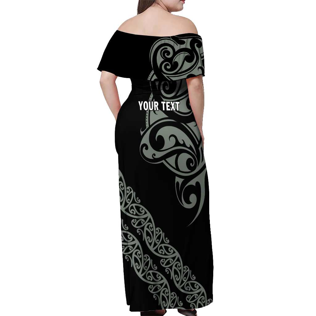All Black Maori Tribal Tattoo Personalised Off Shoulder Maxi Dress Moss Green Polynesian Style - Polynesian Pride
