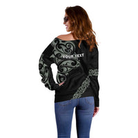 All Black Maori Tribal Tattoo Personalised Off Shoulder Sweater Moss Green Polynesian Style - Polynesian Pride