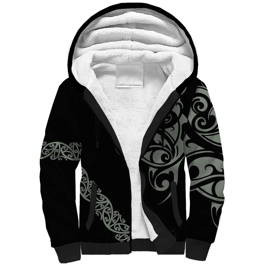 All Black Maori Tribal Tattoo Personalised Sherpa Hoodie Moss Green Polynesian Style - Polynesian Pride