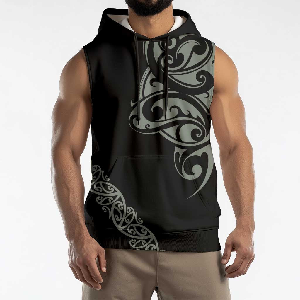 All Black Maori Tribal Tattoo Personalised Sleeveless Hoodie Moss Green Polynesian Style - Polynesian Pride