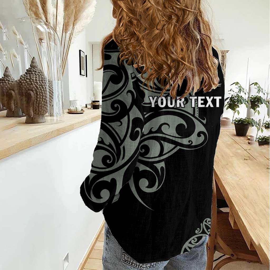 All Black Maori Tribal Tattoo Personalised Women Casual Shirt Moss Green Polynesian Style - Polynesian Pride