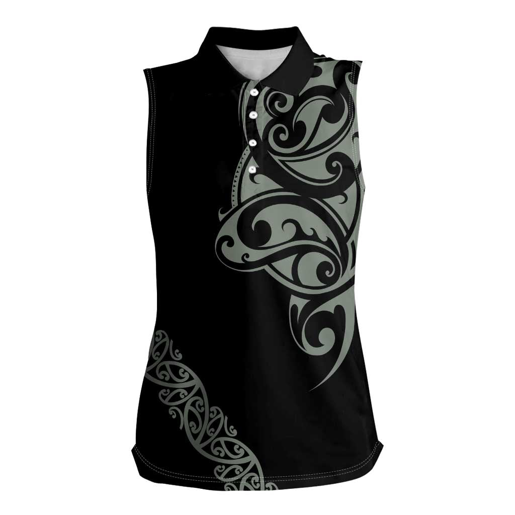 All Black Maori Tribal Tattoo Personalised Women Sleeveless Polo Shirt Moss Green Polynesian Style - Polynesian Pride