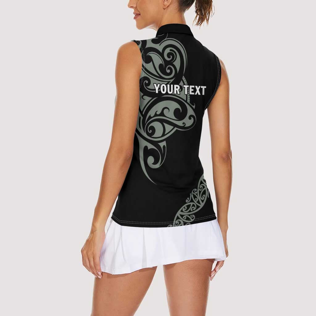 All Black Maori Tribal Tattoo Personalised Women Sleeveless Polo Shirt Moss Green Polynesian Style - Polynesian Pride