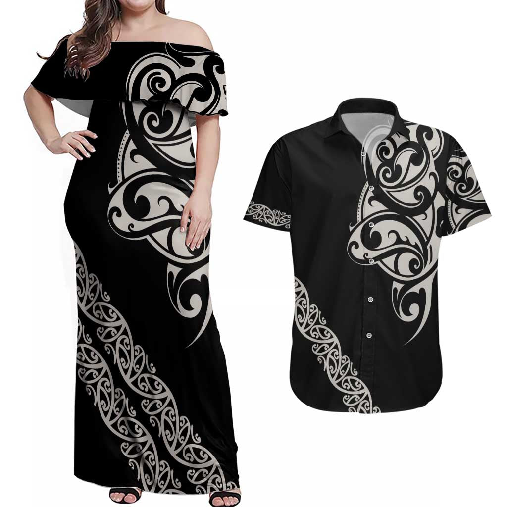 All Black Maori Tribal Tattoo Personalised Couples Matching Off Shoulder Maxi Dress and Hawaiian Shirt Stone Gray Polynesian Style - Polynesian Pride