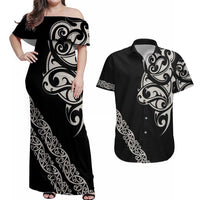 All Black Maori Tribal Tattoo Personalised Couples Matching Off Shoulder Maxi Dress and Hawaiian Shirt Stone Gray Polynesian Style - Polynesian Pride