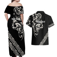 All Black Maori Tribal Tattoo Personalised Couples Matching Off Shoulder Maxi Dress and Hawaiian Shirt Stone Gray Polynesian Style - Polynesian Pride