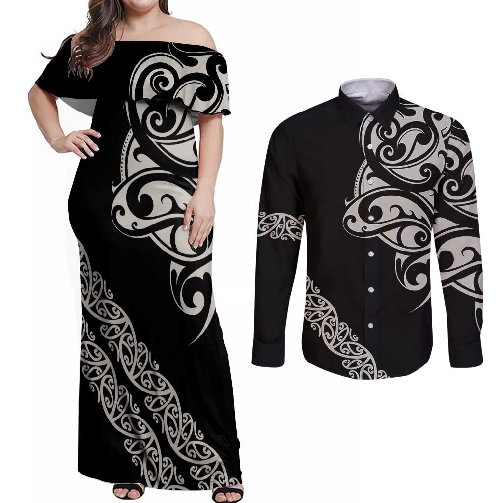 All Black Maori Tribal Tattoo Personalised Couples Matching Off Shoulder Maxi Dress and Long Sleeve Button Shirt Stone Gray Polynesian Style - Polynesian Pride