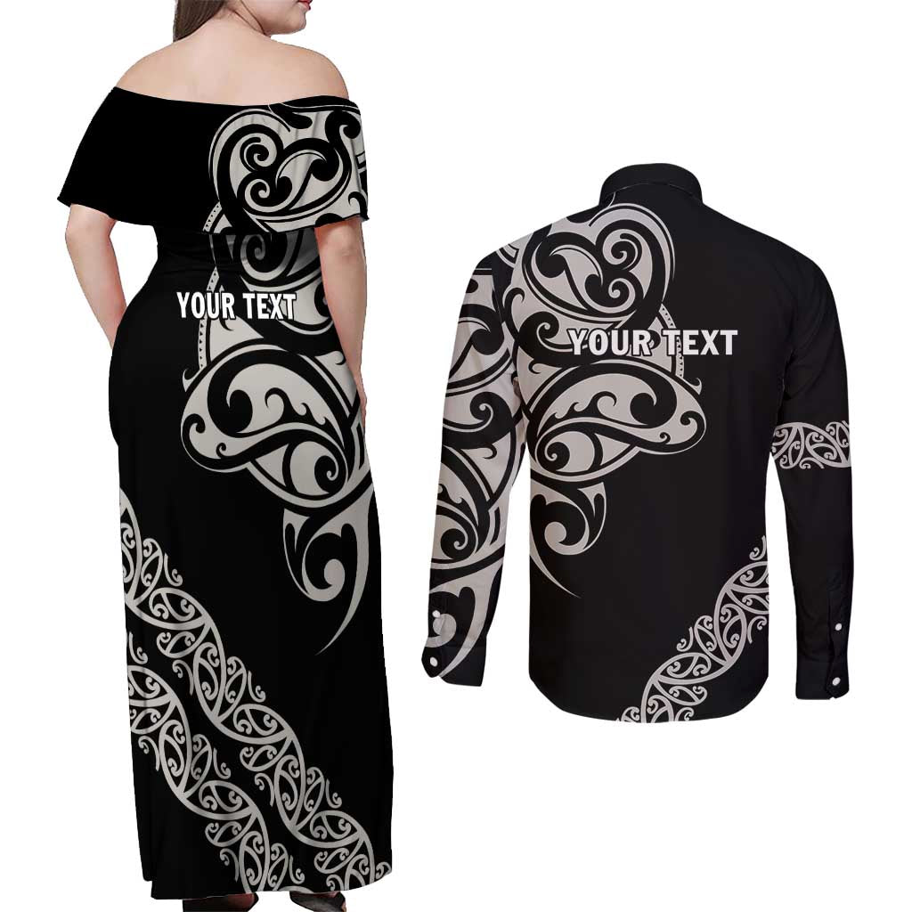 All Black Maori Tribal Tattoo Personalised Couples Matching Off Shoulder Maxi Dress and Long Sleeve Button Shirt Stone Gray Polynesian Style - Polynesian Pride