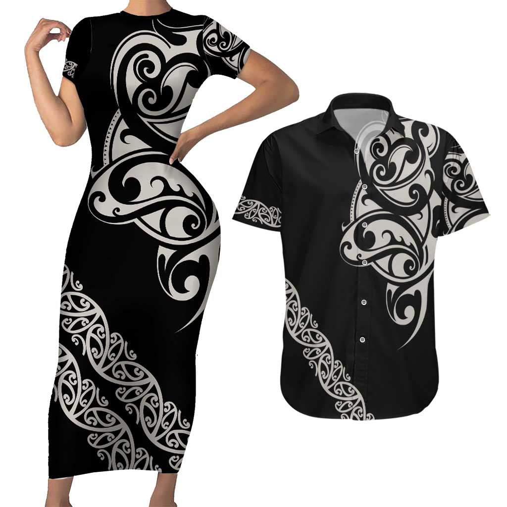 All Black Maori Tribal Tattoo Personalised Couples Matching Short Sleeve Bodycon Dress and Hawaiian Shirt Stone Gray Polynesian Style - Polynesian Pride