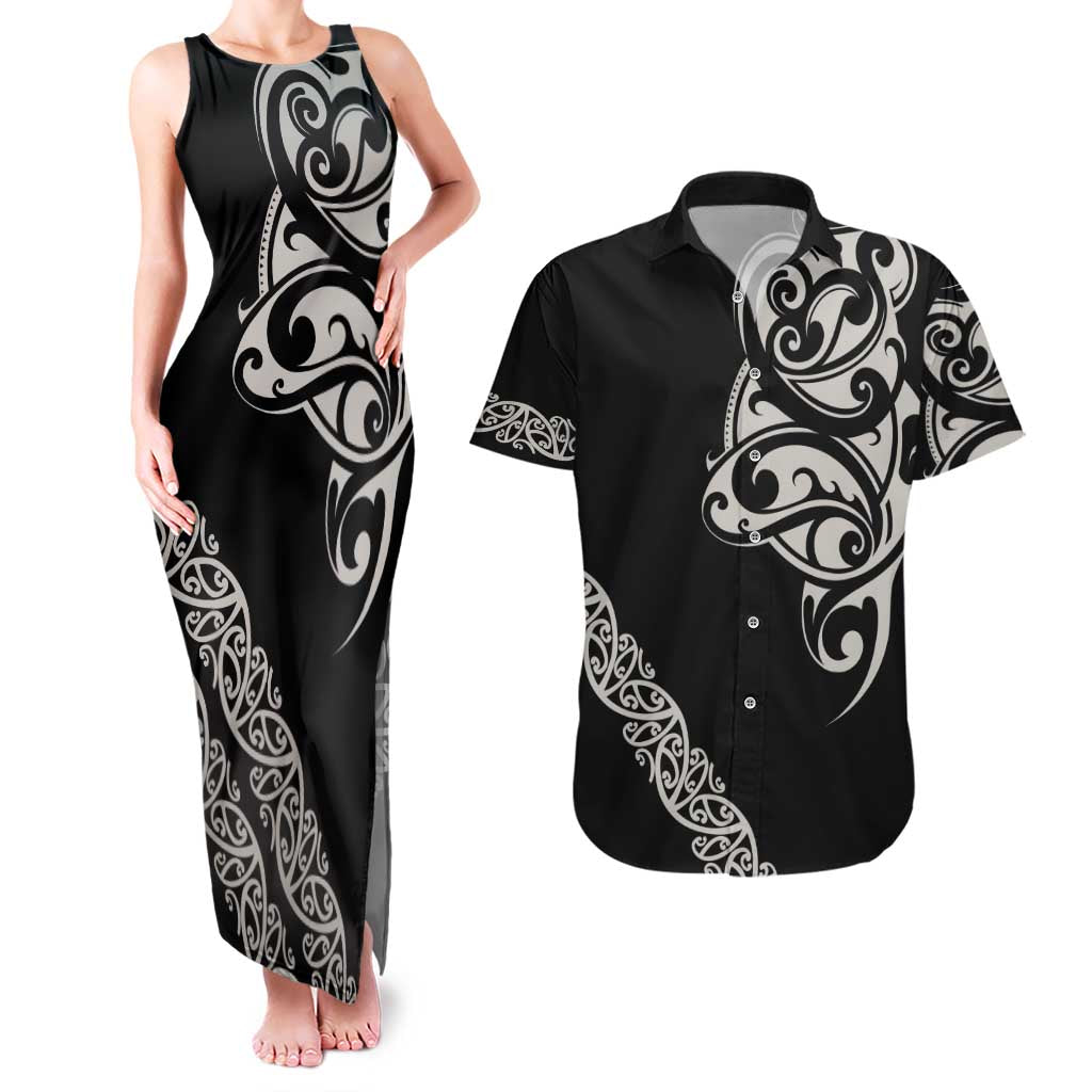All Black Maori Tribal Tattoo Personalised Couples Matching Tank Maxi Dress and Hawaiian Shirt Stone Gray Polynesian Style - Polynesian Pride