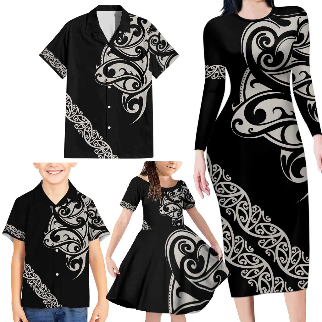 All Black Maori Tribal Tattoo Personalised Family Matching Long Sleeve Bodycon Dress and Hawaiian Shirt Stone Gray Polynesian Style - Polynesian Pride