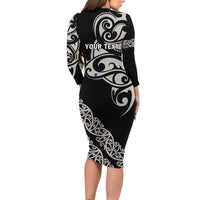 All Black Maori Tribal Tattoo Personalised Family Matching Long Sleeve Bodycon Dress and Hawaiian Shirt Stone Gray Polynesian Style - Polynesian Pride