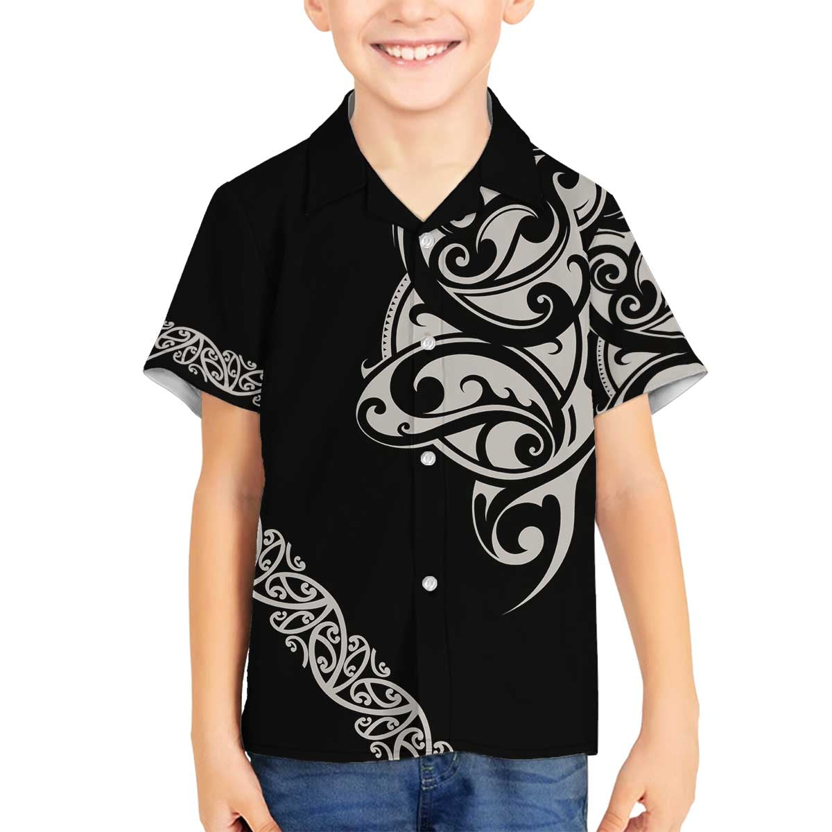 All Black Maori Tribal Tattoo Personalised Family Matching Off The Shoulder Long Sleeve Dress and Hawaiian Shirt Stone Gray Polynesian Style - Polynesian Pride