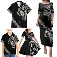 All Black Maori Tribal Tattoo Personalised Family Matching Puletasi and Hawaiian Shirt Stone Gray Polynesian Style - Polynesian Pride