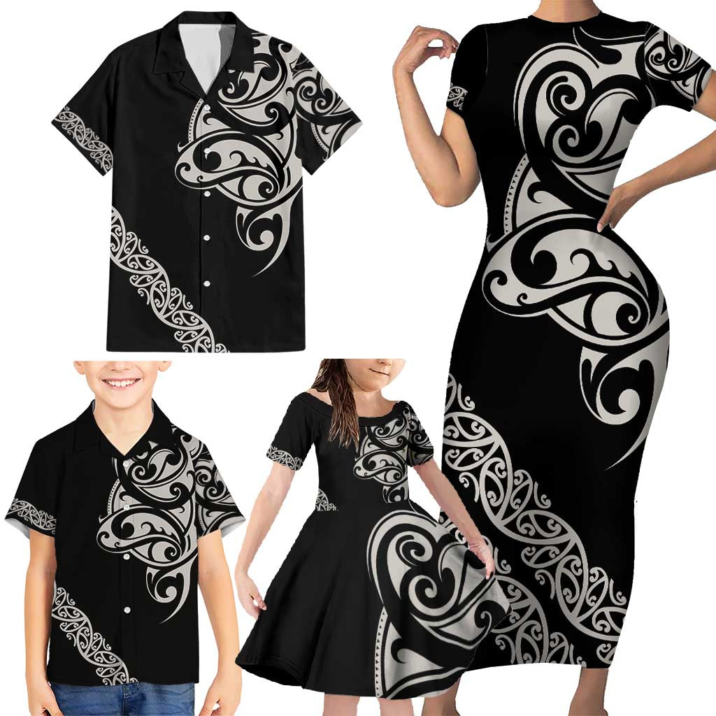 All Black Maori Tribal Tattoo Personalised Family Matching Short Sleeve Bodycon Dress and Hawaiian Shirt Stone Gray Polynesian Style - Polynesian Pride